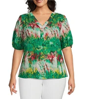 Slim Factor By Investments Plus Size Julia Simply Green Multi Tie Dye Print V-Neck Short Sleeve Top
