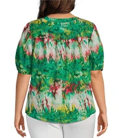 Slim Factor By Investments Plus Size Julia Simply Green Multi Tie Dye Print V-Neck Short Sleeve Top