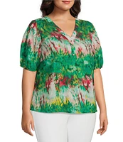 Slim Factor By Investments Plus Size Julia Simply Green Multi Tie Dye Print V-Neck Short Sleeve Top