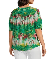 Slim Factor By Investments Plus Size Julia Simply Green Multi Tie Dye Print V-Neck Short Sleeve Top