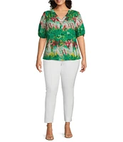 Slim Factor By Investments Plus Size Julia Simply Green Multi Tie Dye Print V-Neck Short Sleeve Top