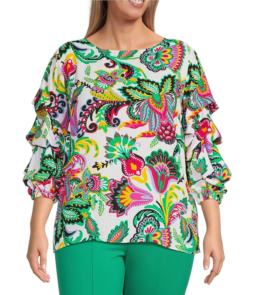 Slim Factor By Investments Plus Size Kara Exploded Jacobean Printed Boat Neck 3/4 Tiered Sleeve Top