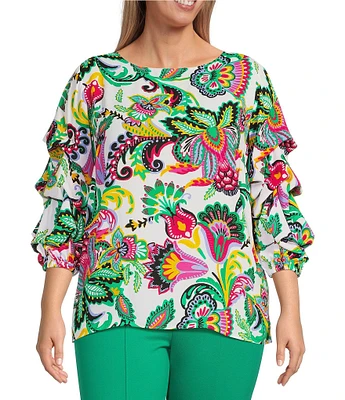 Slim Factor By Investments Plus Size Kara Exploded Jacobean Printed Boat Neck 3/4 Tiered Sleeve Top