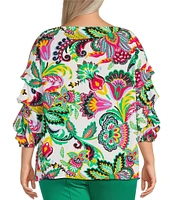 Slim Factor By Investments Plus Size Kara Exploded Jacobean Printed Boat Neck 3/4 Tiered Sleeve Top