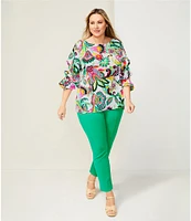 Slim Factor By Investments Plus Size Kara Exploded Jacobean Printed Boat Neck 3/4 Tiered Sleeve Top