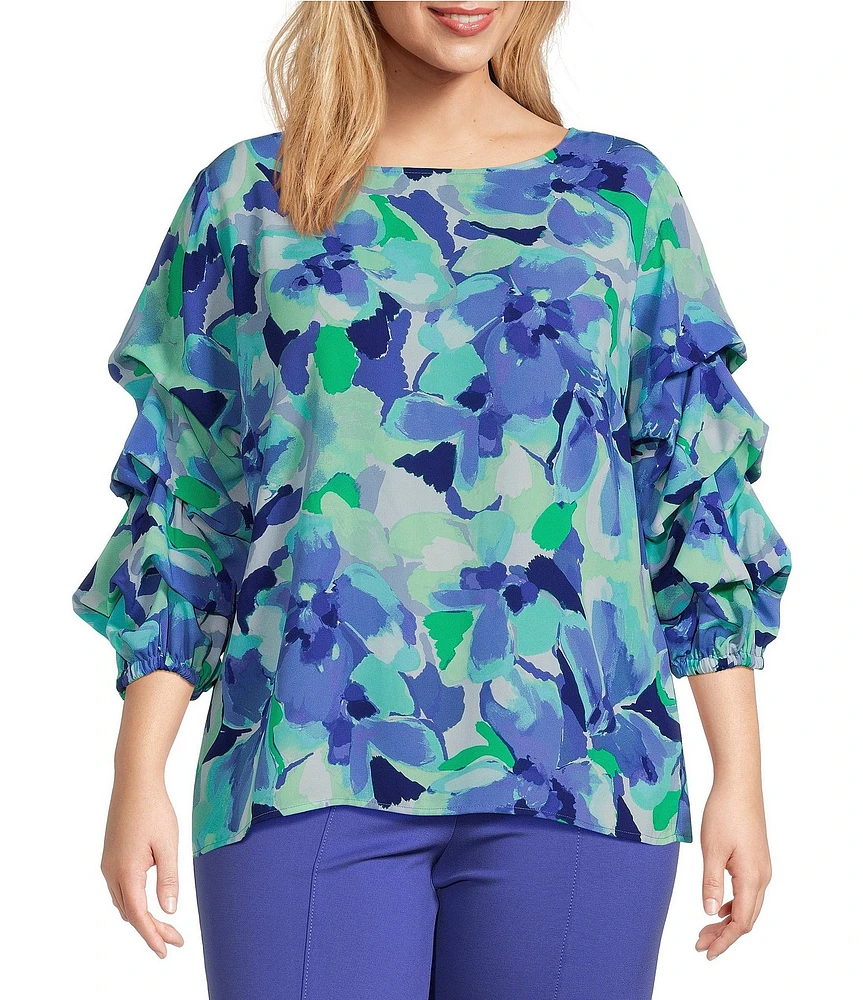 Slim Factor By Investments Plus Size Kara Painted Garden Boat Neck 3/4 Tiered Sleeve Top