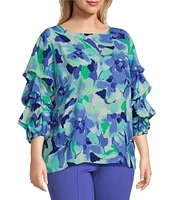 Slim Factor By Investments Plus Size Kara Painted Garden Boat Neck 3/4 Tiered Sleeve Top