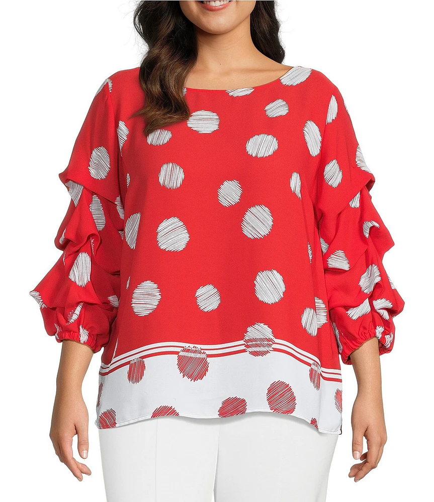 Slim Factor By Investments Plus Size Kara Scribble Dots Boat Neck 3/4 Tiered Sleeve Top