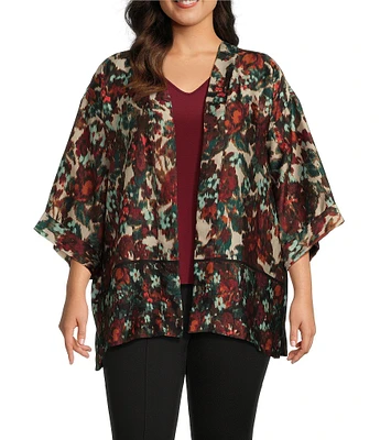 Slim Factor by Investments Plus Size Floral Garden Border Print Open-Front 3/4 Sleeve Short Kimono