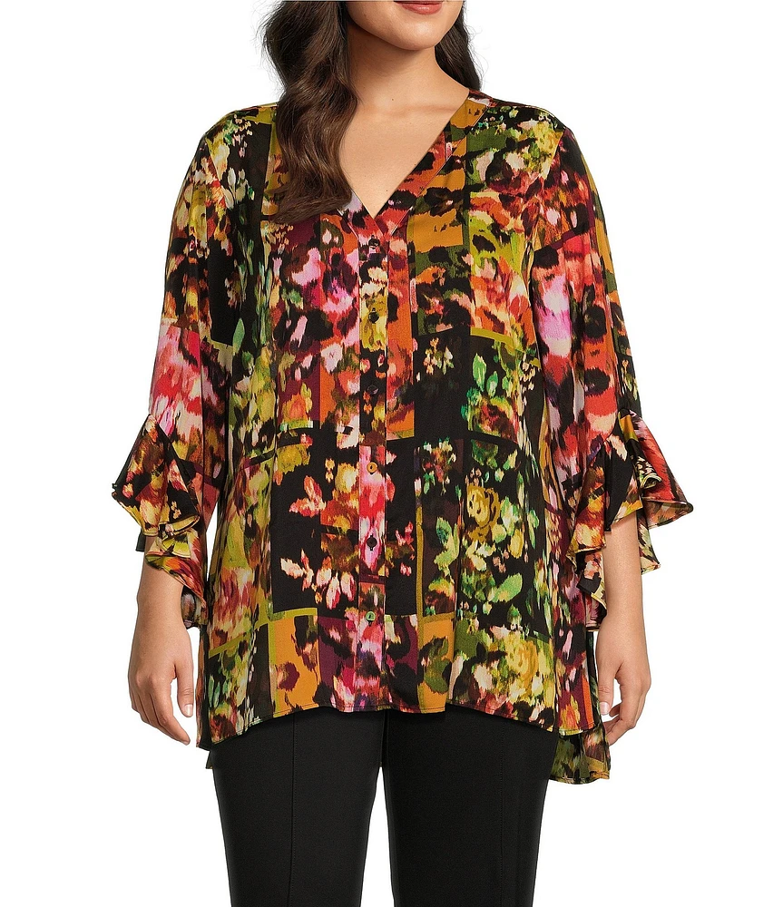 Slim Factor by Investments Plus Size Patched Floral Point Collar Y-Neck Bracelet Sleeve Button Front Top