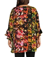 Slim Factor by Investments Plus Size Patched Floral Point Collar Y-Neck Bracelet Sleeve Button Front Top