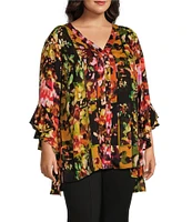 Slim Factor by Investments Plus Size Patched Floral Point Collar Y-Neck Bracelet Sleeve Button Front Top