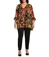 Slim Factor by Investments Plus Size Patched Floral Point Collar Y-Neck Bracelet Sleeve Button Front Top