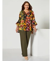 Slim Factor by Investments Plus Size Patched Floral Point Collar Y-Neck Bracelet Sleeve Button Front Top