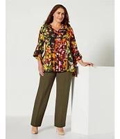 Slim Factor by Investments Plus Size Patched Floral Point Collar Y-Neck Bracelet Sleeve Button Front Top