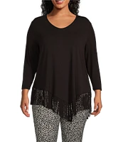 Slim Factor By Investments Plus Size Rounded Scoop Neck 3/4 Sleeve Fringe Knit Top