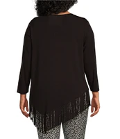 Slim Factor By Investments Plus Size Rounded Scoop Neck 3/4 Sleeve Fringe Knit Top