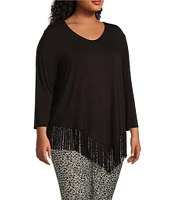 Slim Factor By Investments Plus Size Rounded Scoop Neck 3/4 Sleeve Fringe Knit Top