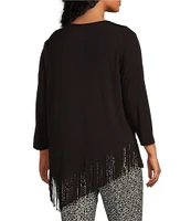 Slim Factor By Investments Plus Size Rounded Scoop Neck 3/4 Sleeve Fringe Knit Top