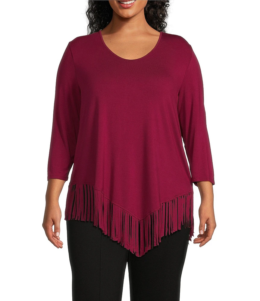 Slim Factor By Investments Plus Size Rounded Scoop Neck 3/4 Sleeve Fringe Knit Top