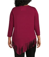 Slim Factor By Investments Plus Size Rounded Scoop Neck 3/4 Sleeve Fringe Knit Top