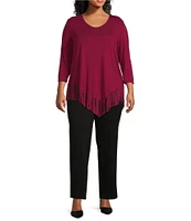 Slim Factor By Investments Plus Size Rounded Scoop Neck 3/4 Sleeve Fringe Knit Top