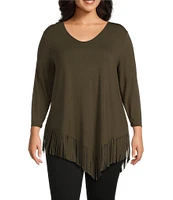 Slim Factor By Investments Plus Size Rounded Scoop Neck 3/4 Sleeve Fringe Knit Top