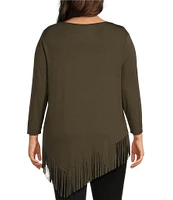 Slim Factor By Investments Plus Size Rounded Scoop Neck 3/4 Sleeve Fringe Knit Top