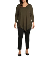 Slim Factor By Investments Plus Size Rounded Scoop Neck 3/4 Sleeve Fringe Knit Top