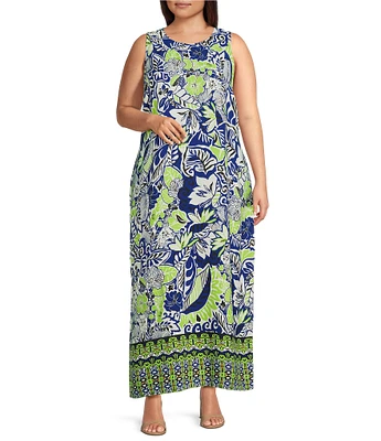Slim Factor by Investments Plus Size Royal Blue Aloha Border Print Sleeveless Crew Neck Maxi Dress