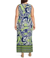 Slim Factor by Investments Plus Size Royal Blue Aloha Border Print Sleeveless Crew Neck Maxi Dress