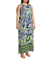 Slim Factor by Investments Plus Size Royal Blue Aloha Border Print Sleeveless Crew Neck Maxi Dress