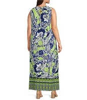 Slim Factor by Investments Plus Size Royal Blue Aloha Border Print Sleeveless Crew Neck Maxi Dress