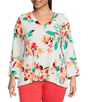 Slim Factor by Investments Plus Size Scattered Blooms V-Neckline 3/4 Slit Sleeve Top