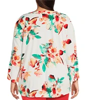 Slim Factor by Investments Plus Size Scattered Blooms V-Neckline 3/4 Slit Sleeve Top