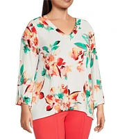 Slim Factor by Investments Plus Size Scattered Blooms V-Neckline 3/4 Slit Sleeve Top