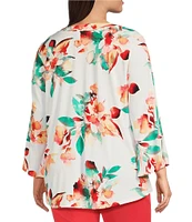 Slim Factor by Investments Plus Size Scattered Blooms V-Neckline 3/4 Slit Sleeve Top