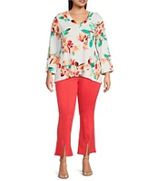 Slim Factor by Investments Plus Size Scattered Blooms V-Neckline 3/4 Slit Sleeve Top