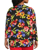 Slim Factor by Investments Plus Size Spring Bloom Print 3/4 Flare Sleeve Scoop Neck Crossover Top