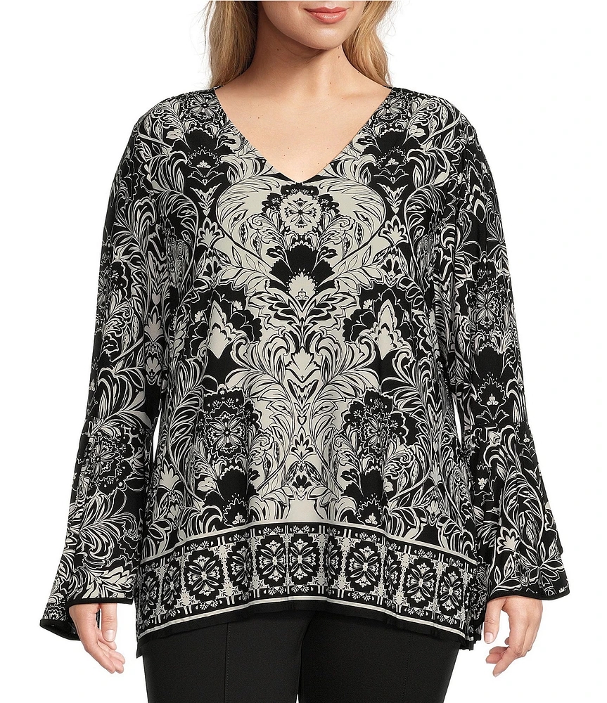 Slim Factor by Investments Plus Size Stylized Floral Border Print Ruffle 3/4 Sleeve V-Neck Top