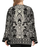 Slim Factor by Investments Plus Size Stylized Floral Border Print Ruffle 3/4 Sleeve V-Neck Top