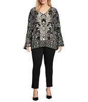 Slim Factor by Investments Plus Size Stylized Floral Border Print Ruffle 3/4 Sleeve V-Neck Top