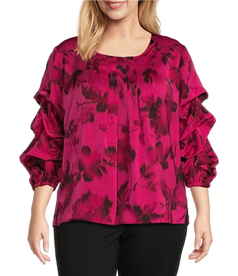 Slim Factor by Investments Plus Size Tonal Floral Print Scoop Neck 3/4 Tier Sleeve Top