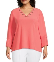 Slim Factor by Investments Plus Size V-Neckline 3/4 Slit Sleeve Grommet Top