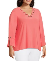Slim Factor by Investments Plus Size V-Neckline 3/4 Slit Sleeve Grommet Top