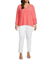Slim Factor by Investments Plus Size V-Neckline 3/4 Slit Sleeve Grommet Top
