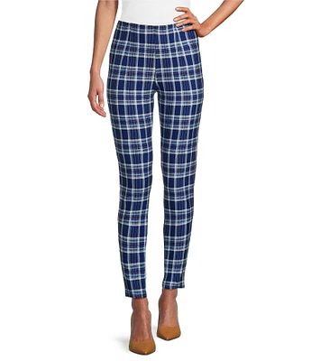 Slim Factor by Investments Ponte Knit Blue Plaid No Waist Leggings