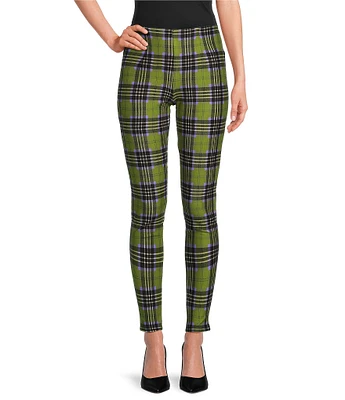 Slim Factor by Investments Ponte Knit Bright Chartreuse Plaid No Waist Leggings