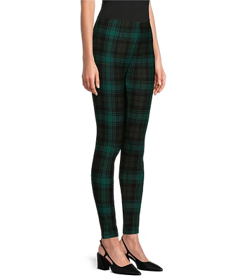 Slim Factor by Investments Ponte Knit Green Plaid Print No Waist Leggings