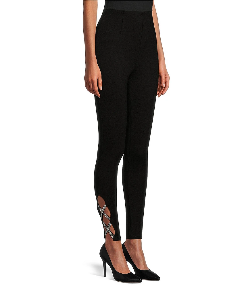 Slim Factor by Investments Ponte Knit No Waist Rhinestone Criss Cross Strap Leggings